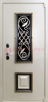Белая стальная дверь с ковкой со стеклопакетом и МДФ ДК-30 в Краснодаре