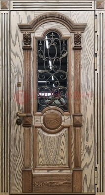 Железная дверь с массивом дуба со стеклом и ковкой ДМД-47 в Краснодаре