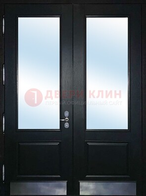 Черная двухстворчатая металлическая дверь со стеклом ДС-25 в Краснодаре