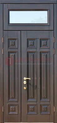 Коричневая двухстворчатая металлическая дверь со стеклом ДС-62 в Краснодаре