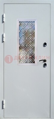 Серая металлическая дверь со стеклом и ковкой ДС-75 в Краснодаре