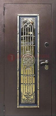 Железная дверь цвета медный антик со стеклом и ковкой ДСК-105 в Краснодаре