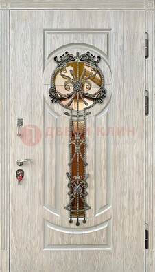 Светлая железная дверь со стеклом ковкой для коттеджа ДСК-134 в Краснодаре