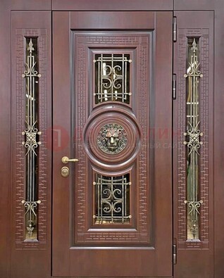Коричневая стальная дверь со стеклом и ковкой ДСК-147 с фрамугами в Краснодаре