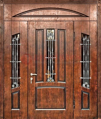 Стальная дверь со стеклом и ковкой с фрамугами ДСК-149 коричневая в Краснодаре