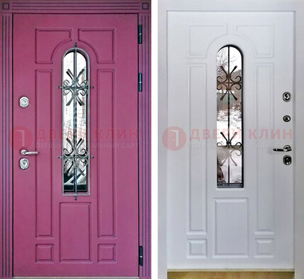 Розовая металлическая дверь со стеклом и ковкой ДСК-151 в Краснодаре