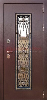 Коричневая стальная дверь порошок со стеклом и ковкой для дома ДСК-169 в Краснодаре