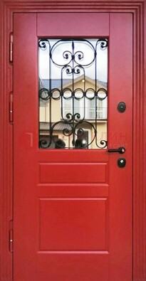 Красная железная дверь Винорит со стеклом и ковкой ДСК-205 в Краснодаре