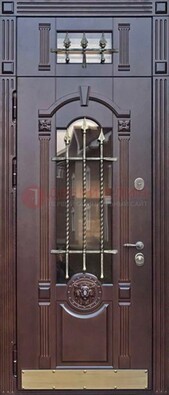 Металлическая дверь массив со стеклом и ковкой с фрамугой ДСК-249 в Краснодаре