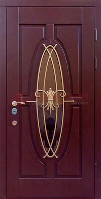 Бордовая стальная дверь Винорит со стеклом и ковкой ДСК-263 в Краснодаре