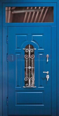 Синяя железная филенчатая дверь со стеклом и ковкой ДСК-97 в Краснодаре