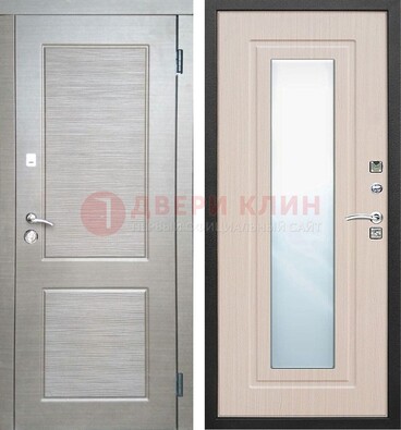 Светлая металлическая филенчатая дверь и МДФ Белый дуб с зеркалом ДЗ-104 в Мурино
