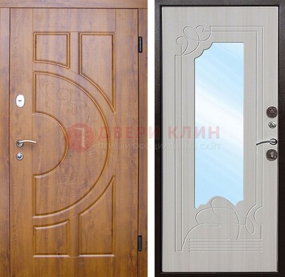 Коричневая металлическая дверь c МДФ с узором и зеркалом ДЗ-105 в Мурино