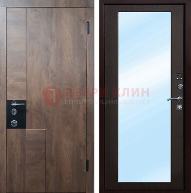 Коричневая металлическая дверь c МДФ с зеркалом ДЗ-106 в Куровском
