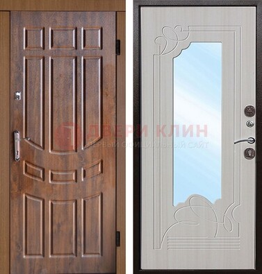 Коричневая уличная дверь c виноритом и терморазрывом МДФ Беленый дуб  с зеркалом ДЗ-97 в Краснодаре