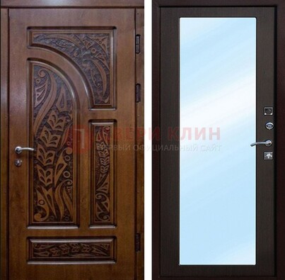 Коричневая входная дверь c узором и виноритом МДФ с зеркалом ДЗ-98 в Краснодаре