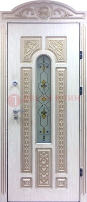 Белая железная дверь с МДФ и витражом ВЖ-26 в Краснодаре